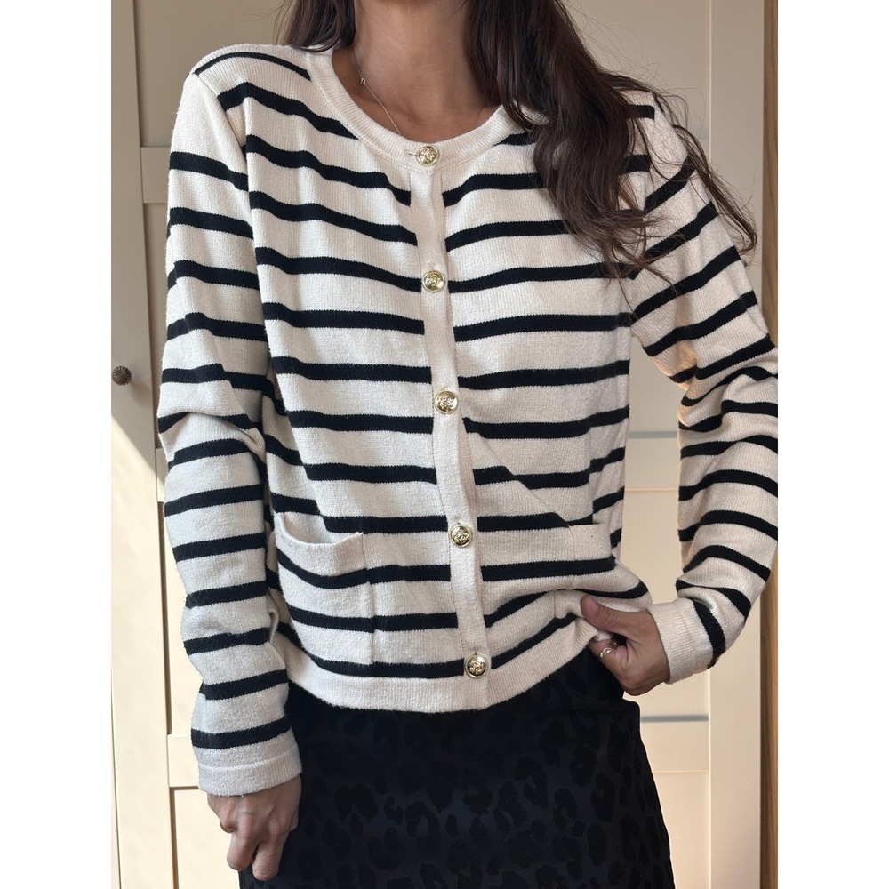 LILLUSORY Women's Striped Cardigan Sweater Cream/Black Knit Preppy M